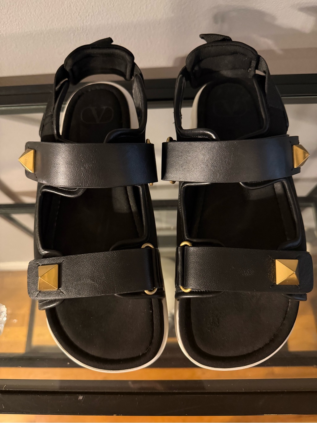 Valentino Black & White Rockstud Velcro Sandals